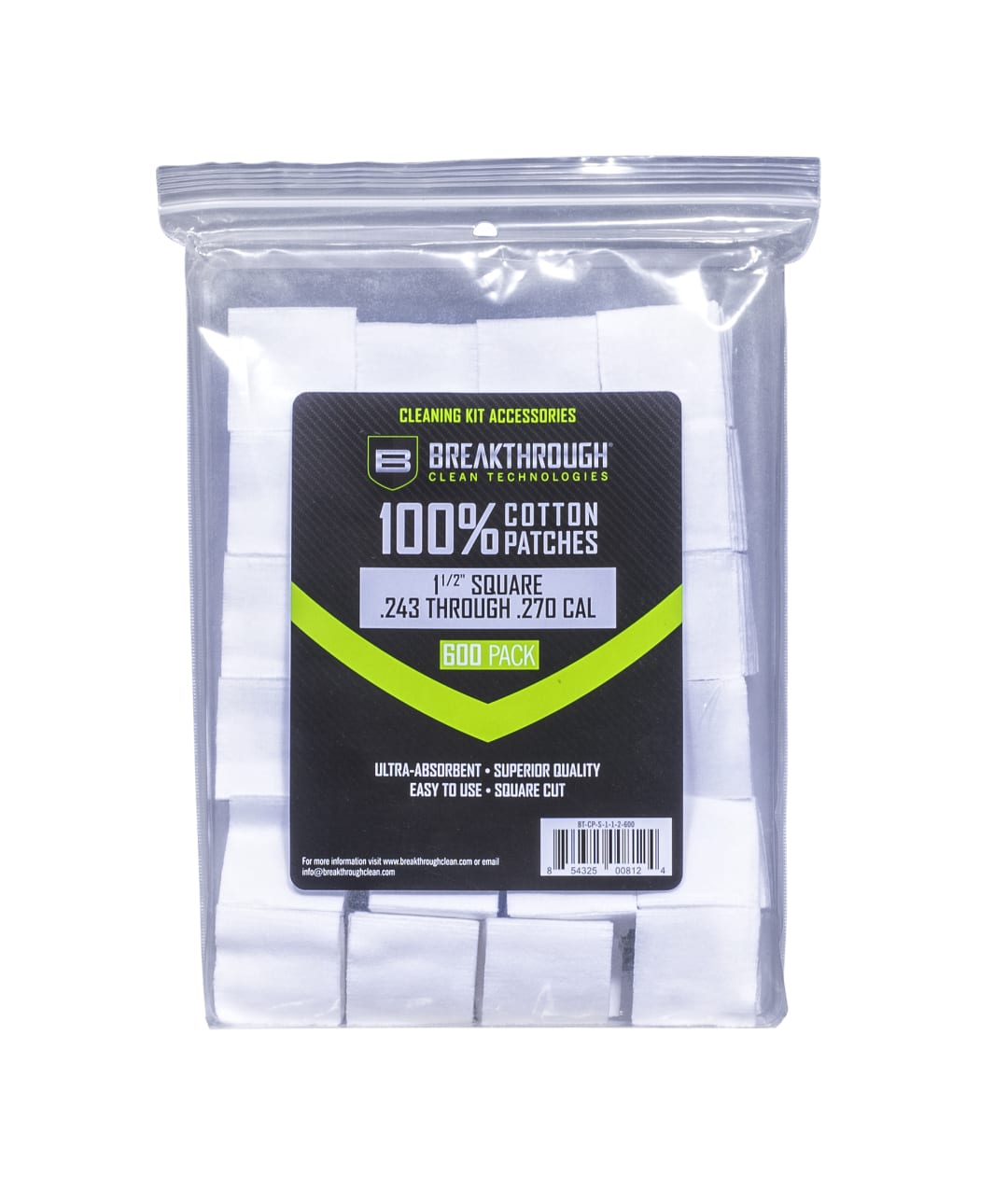 BCT™ Cotton Patches, 1.5" Square, .243 Thru .270 Caliber, 600-Pack