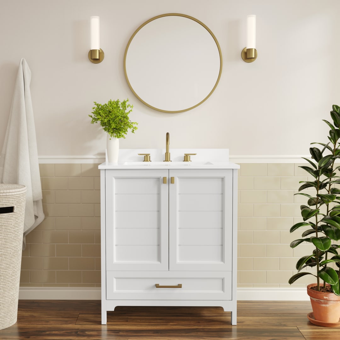 Haven 30" Bathroom Vanity with Sink, Storage Cabinet with Gold Hardware, Soft Close Doors and Bottom Drawer, Carrara Marble Finish Countertop, White