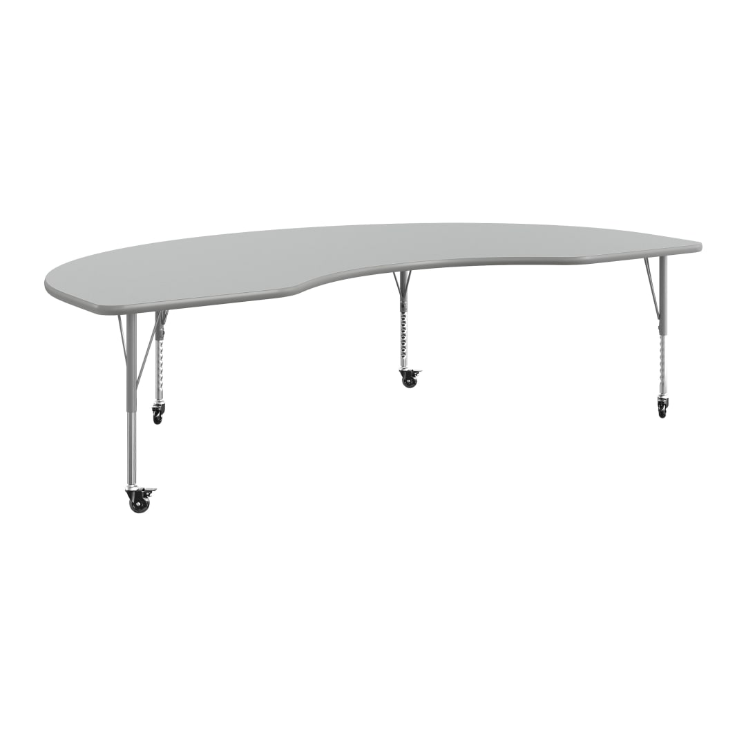 Wren 96" x 48" Kidney Adjustable Height Activity Table, Thermal Laminate Top, Short Legs with Locking Casters, Gray