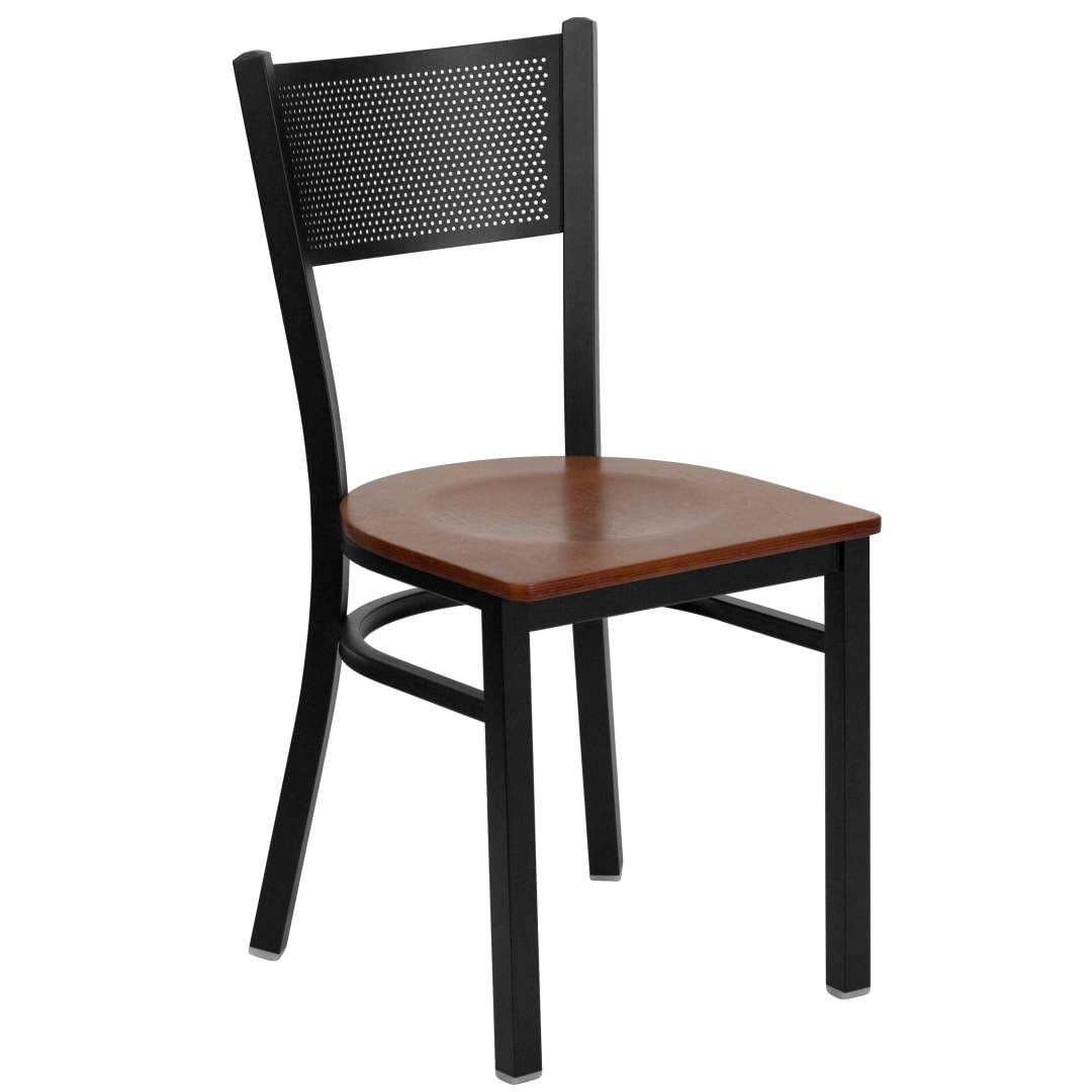 4 Pk. HERCULES Series Black Grid Back Metal Restaurant Chair - Cherry Wood Seat