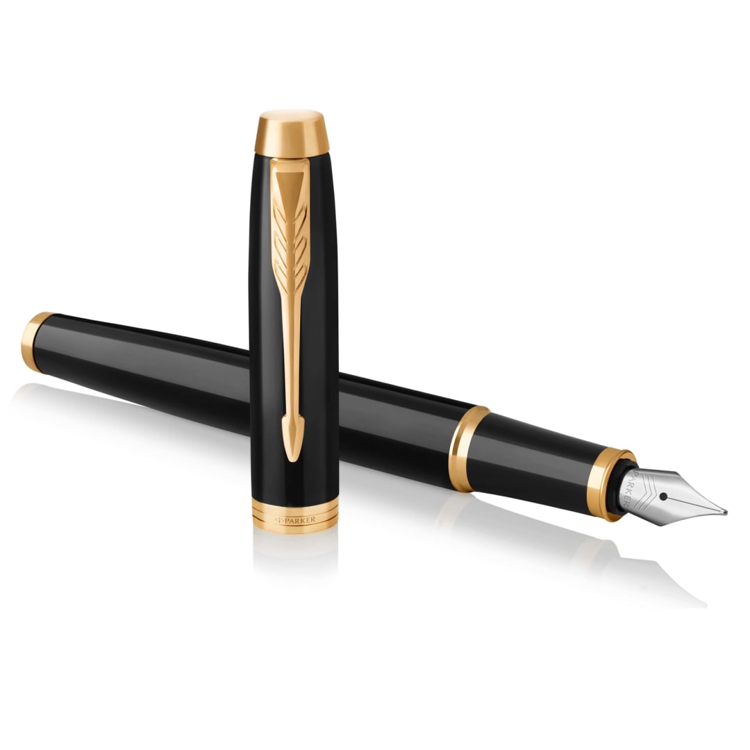 Parker IM Fountain Pen | Black Lacquer with Gold Trim | Medium Nib with Blue Ink Refill | Gift Box