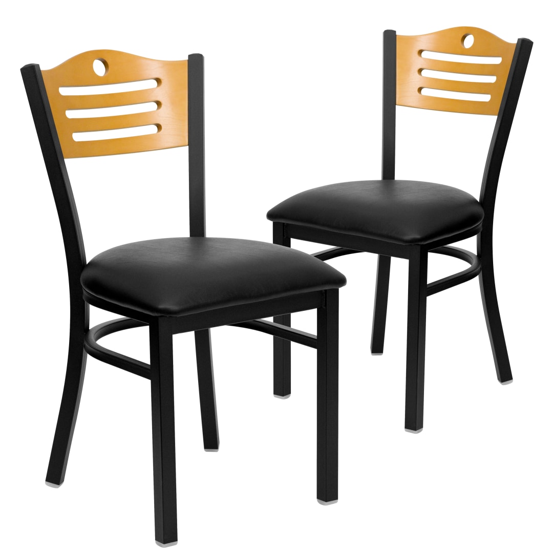 2 Pack HERCULES Series Black Slat Back Metal Restaurant Chair - Natural Wood Back, Black Vinyl Seat