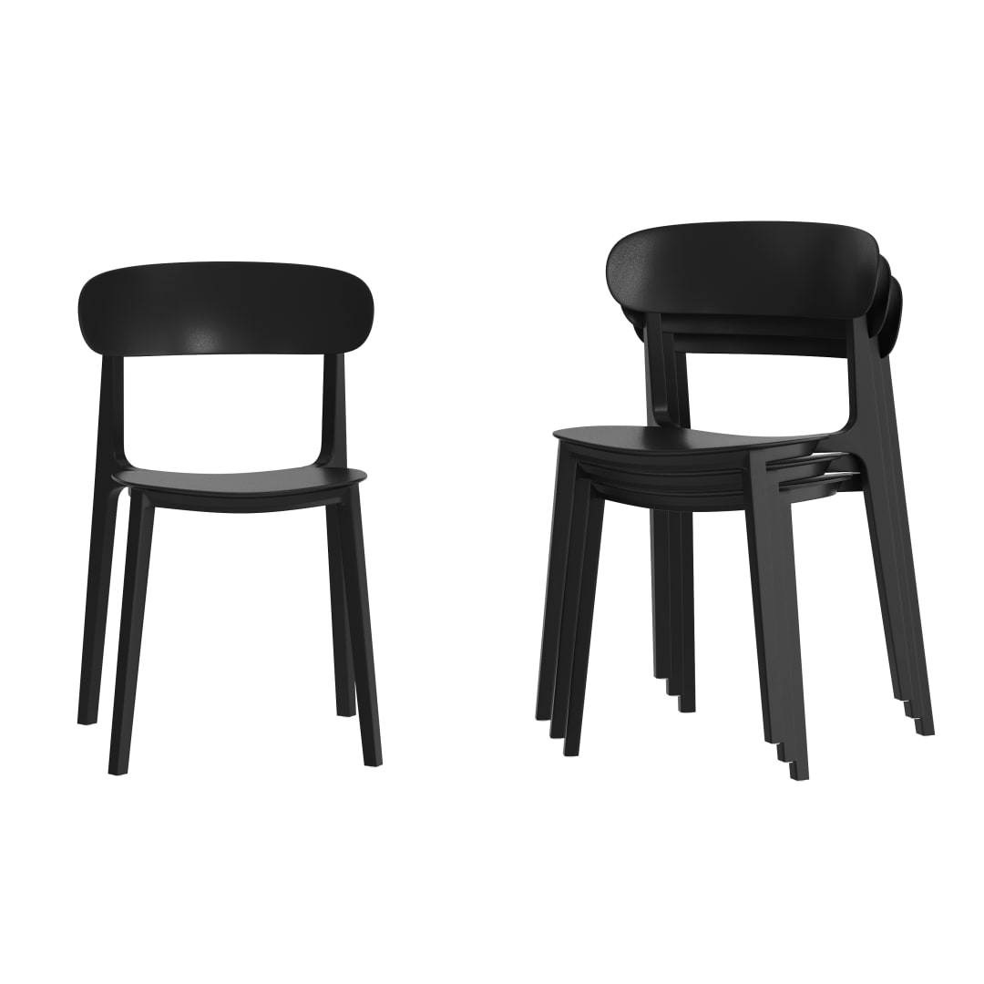 Dover Set of 4 Indoor-Outdoor Stacking Patio Chairs with Curved Backrests, Commercial All-Weather Resin Chairs in Black