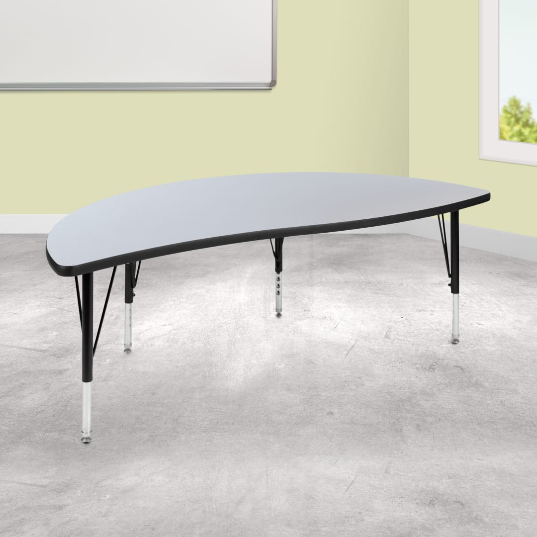 Wren 60" Half Circle Wave Flexible Collaborative Oak Thermal Laminate Activity Table - Height Adjustable Short Legs