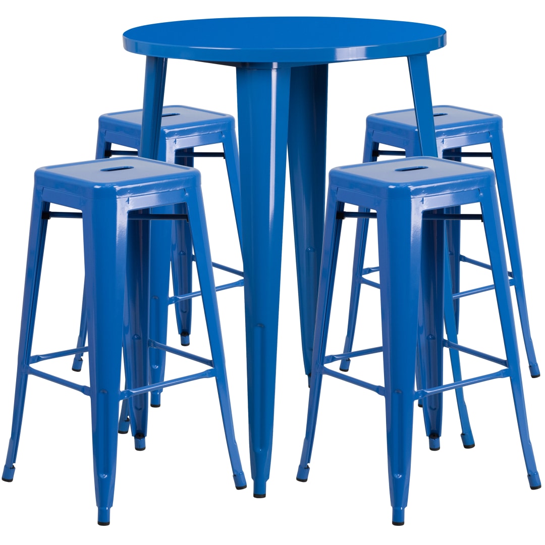 Coby Commercial Grade 30" Round Blue Metal Indoor-Outdoor Bar Table Set with 4 Square Seat Backless Stools