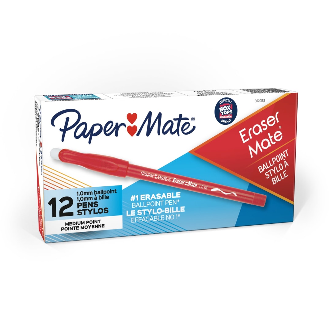 Paper Mate® EraserMate® Erasable Pen, Medium Point, Red, Box of 12