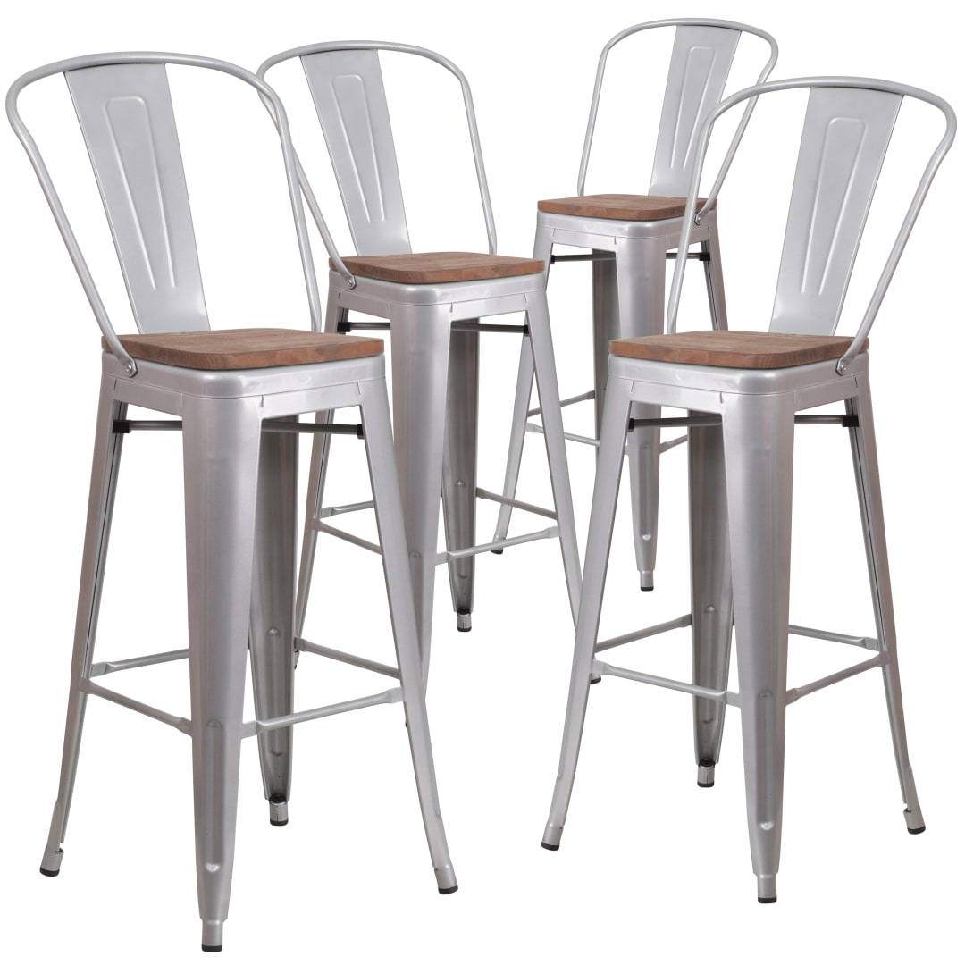 Lily 4 Pack 30" High Silver Metal Barstool with Back and Wood Seat