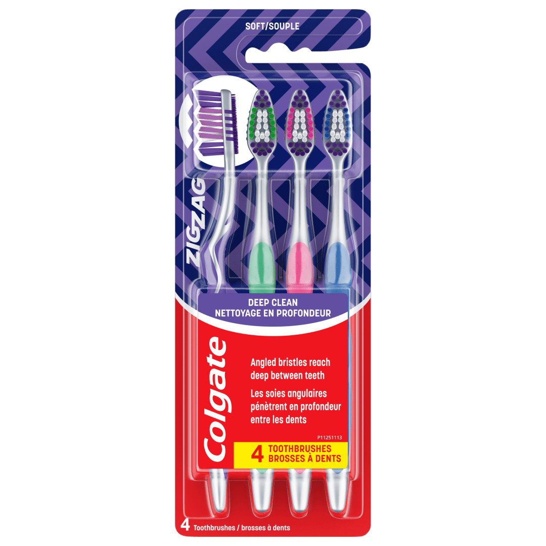 Colgate ZigZag Deep Clean Adult Soft Toothbrushes, Soft Bristled Manual Toothbrush, 4 Pack