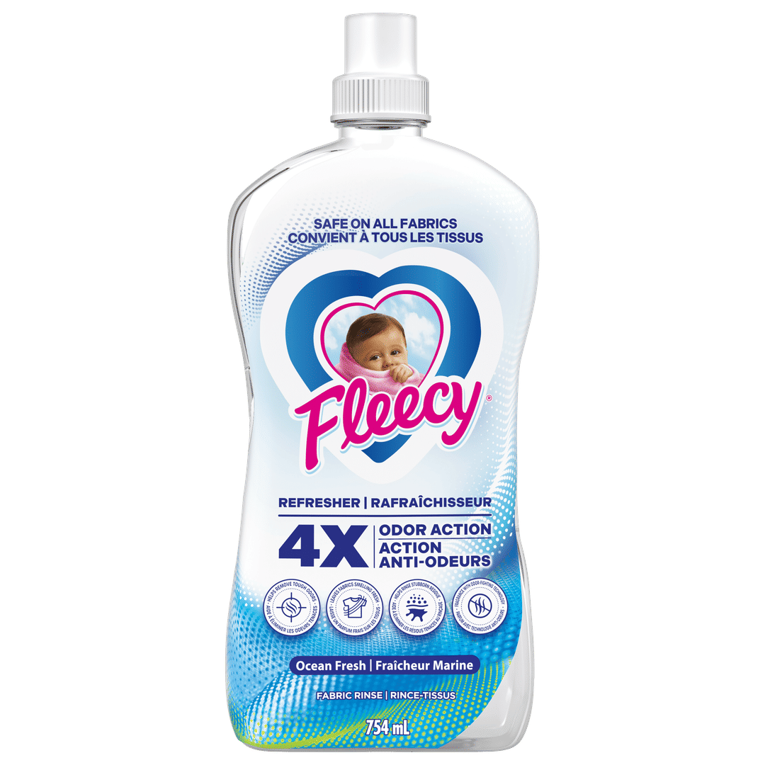 Rafraîchisseur de tissus Fleecy avec rinçage parfum Fraîcheur marine, action anti-odeurs x 4, 754 ml