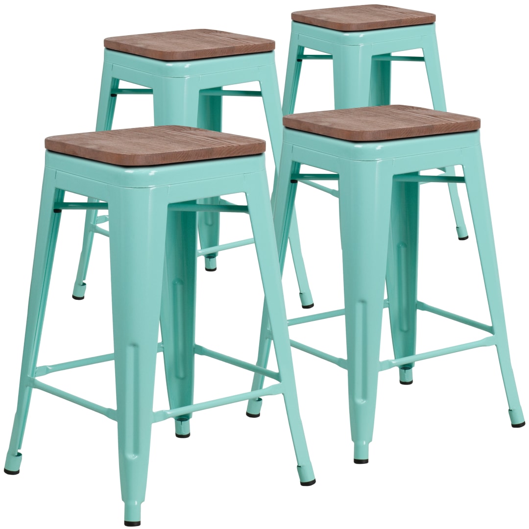 Shania 4 Pk. 24" High Backless Mint Green Counter Height Stool with Square Wood Seat