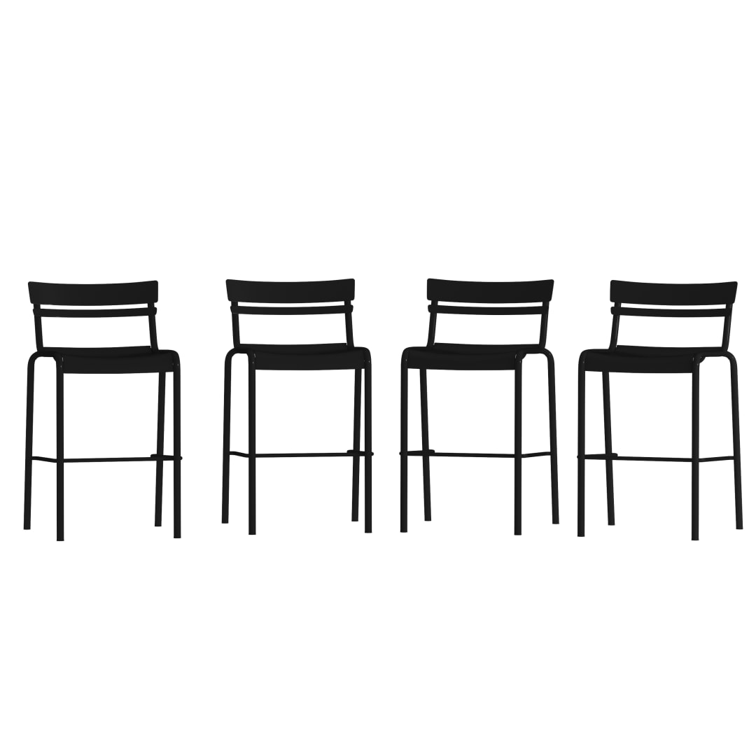 Nash Commercial Grade Black Metal Indoor-Outdoor Bar Height Stool with 2 Slats, Set of 4