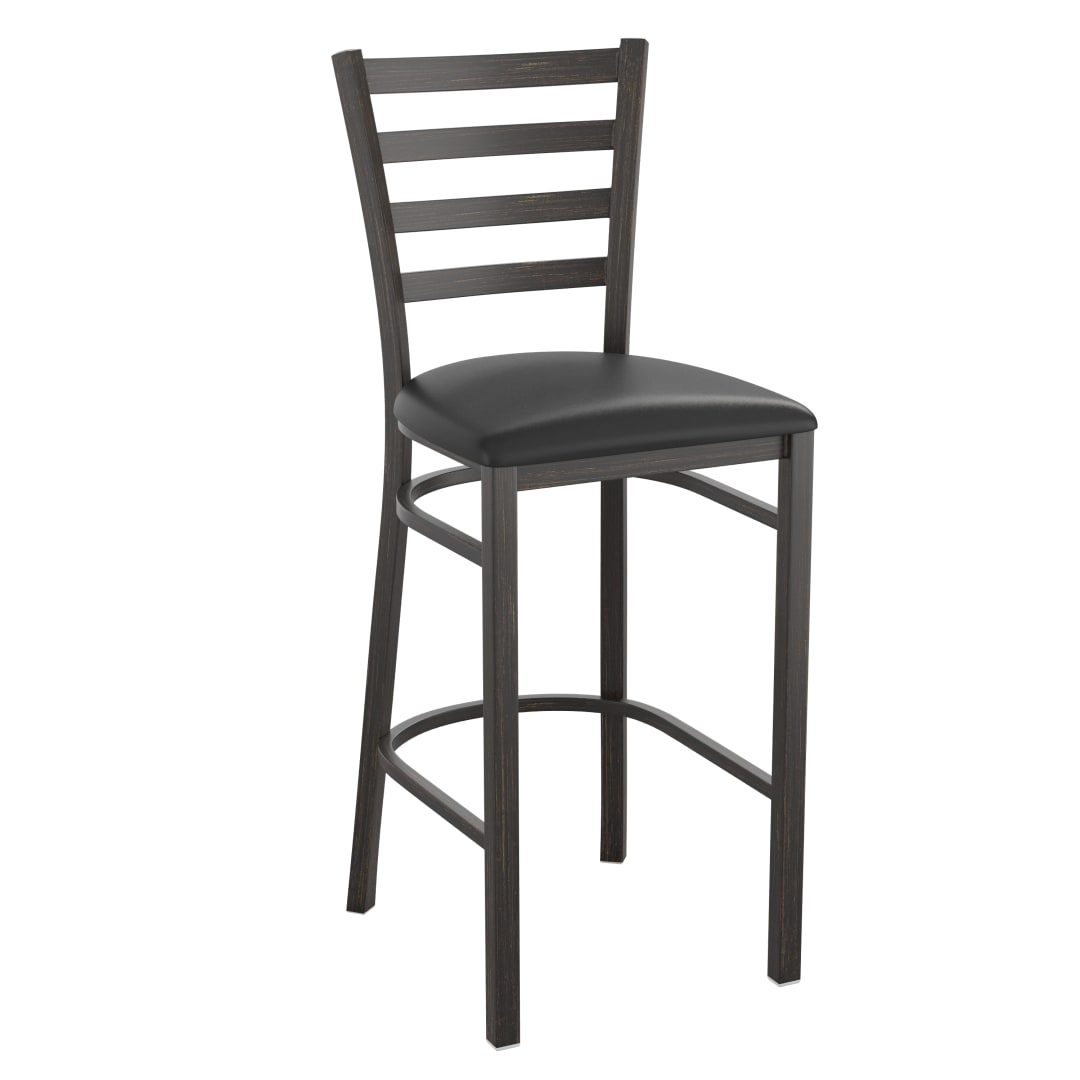 HERCULES Series Distressed Gold Ladder Back Metal Restaurant Barstool - Black Vinyl Seat