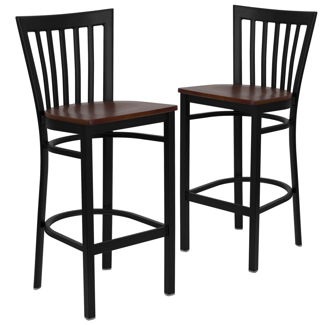 2 Pk. HERCULES Series Black School House Back Metal Restaurant Barstool - Cherry Wood Seat
