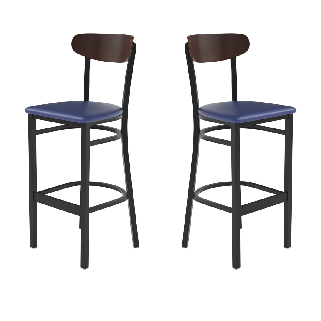 Wright Set of 2 Commercial Barstools with 500 LB. Capacity Black Steel Frame, Walnut Finish Wooden Boomerang Back, and Blue Vinyl Seat