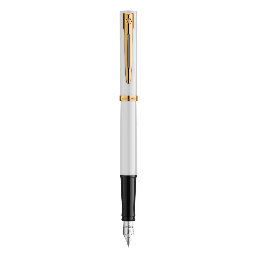 Waterman Impression Pluma estilográfica | Plumín medio con recarga de tinta azul | Laca blanca con adornos chapados en oro | Caja de regalo