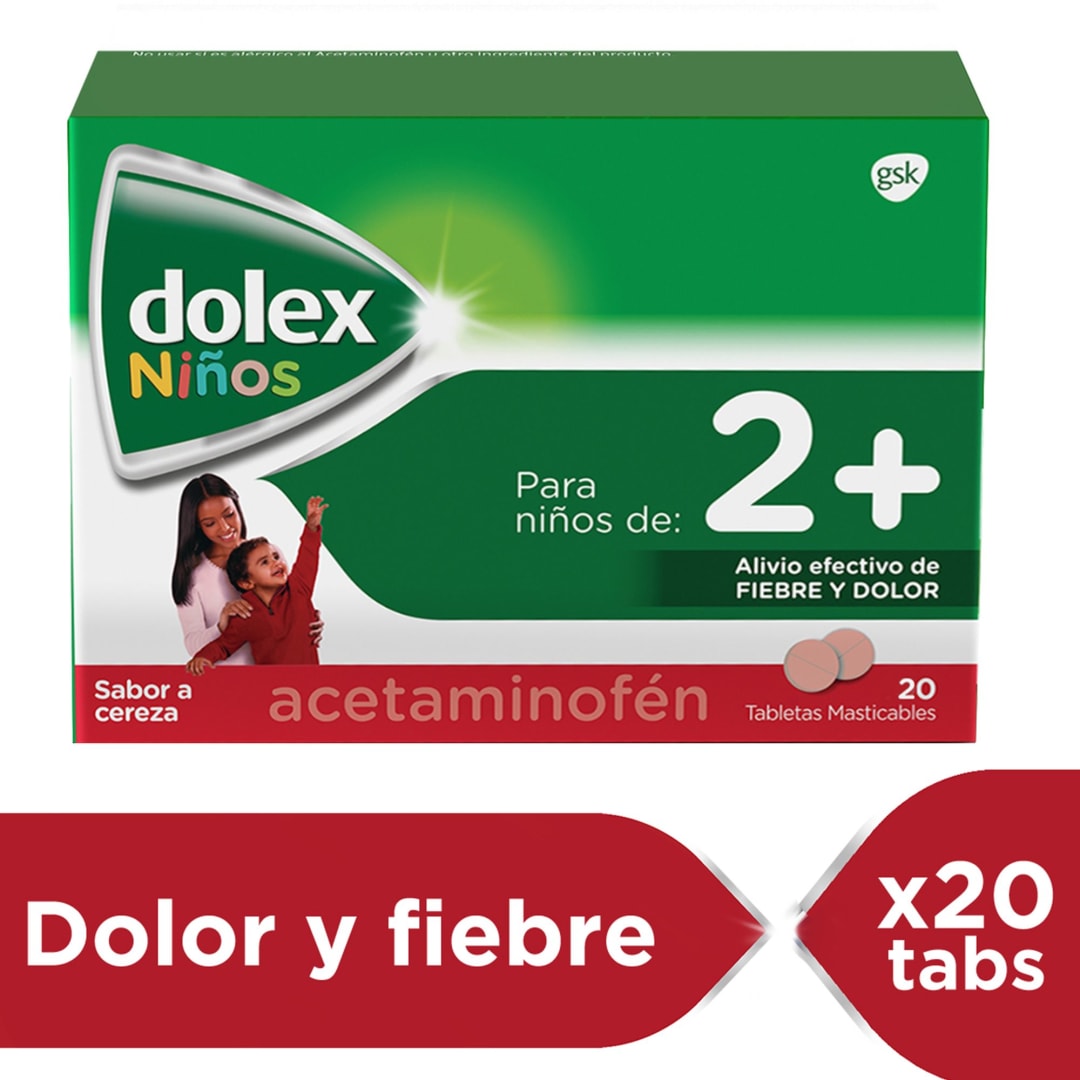 Dolex Niños Acetaminofen 2+ Alivio de la Fiebre y el Dolor x 20 Tabletas Masticables