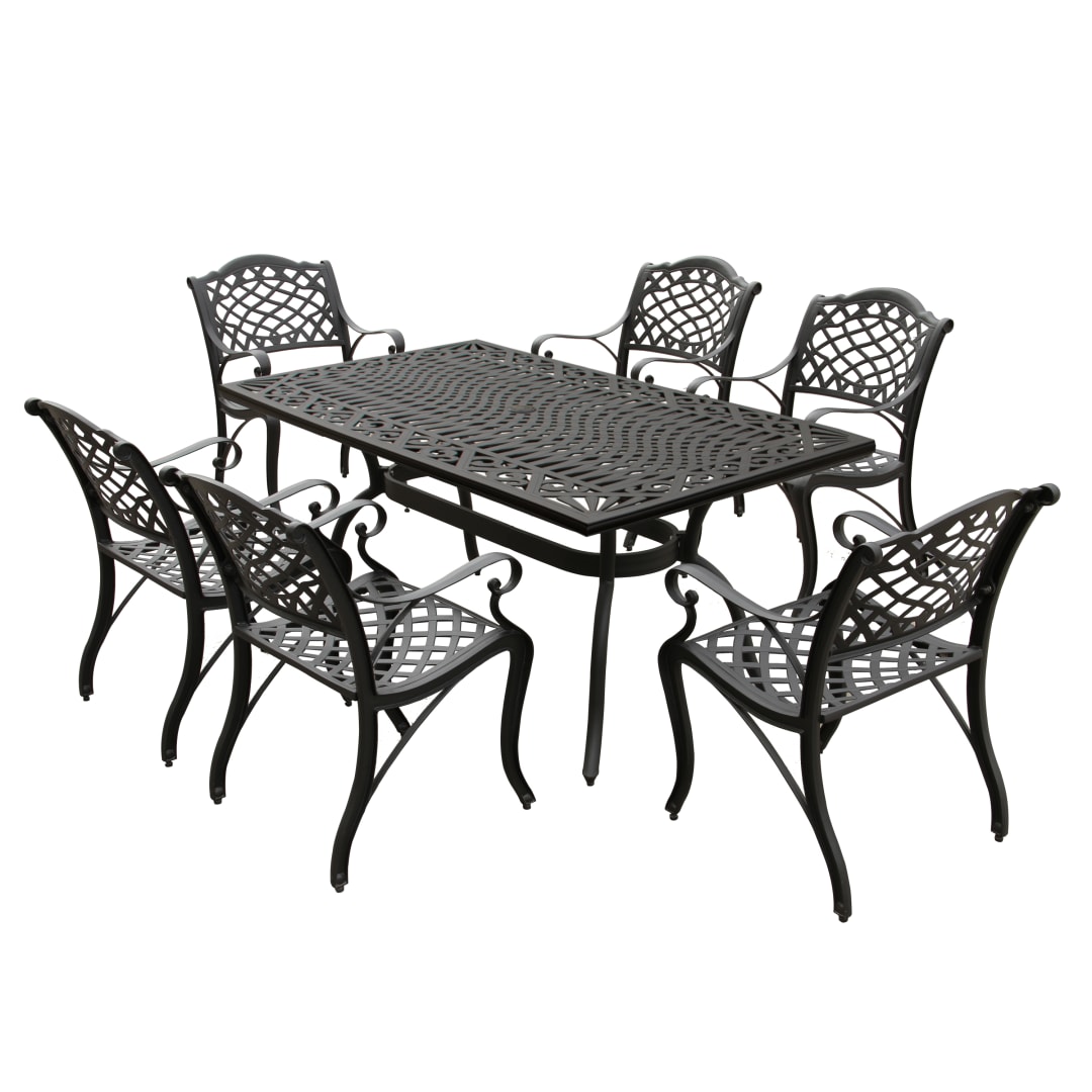 Modern Ornate Outdoor Mesh Aluminum 68-in Black Rectangular Patio Dining Set with Six Chairs