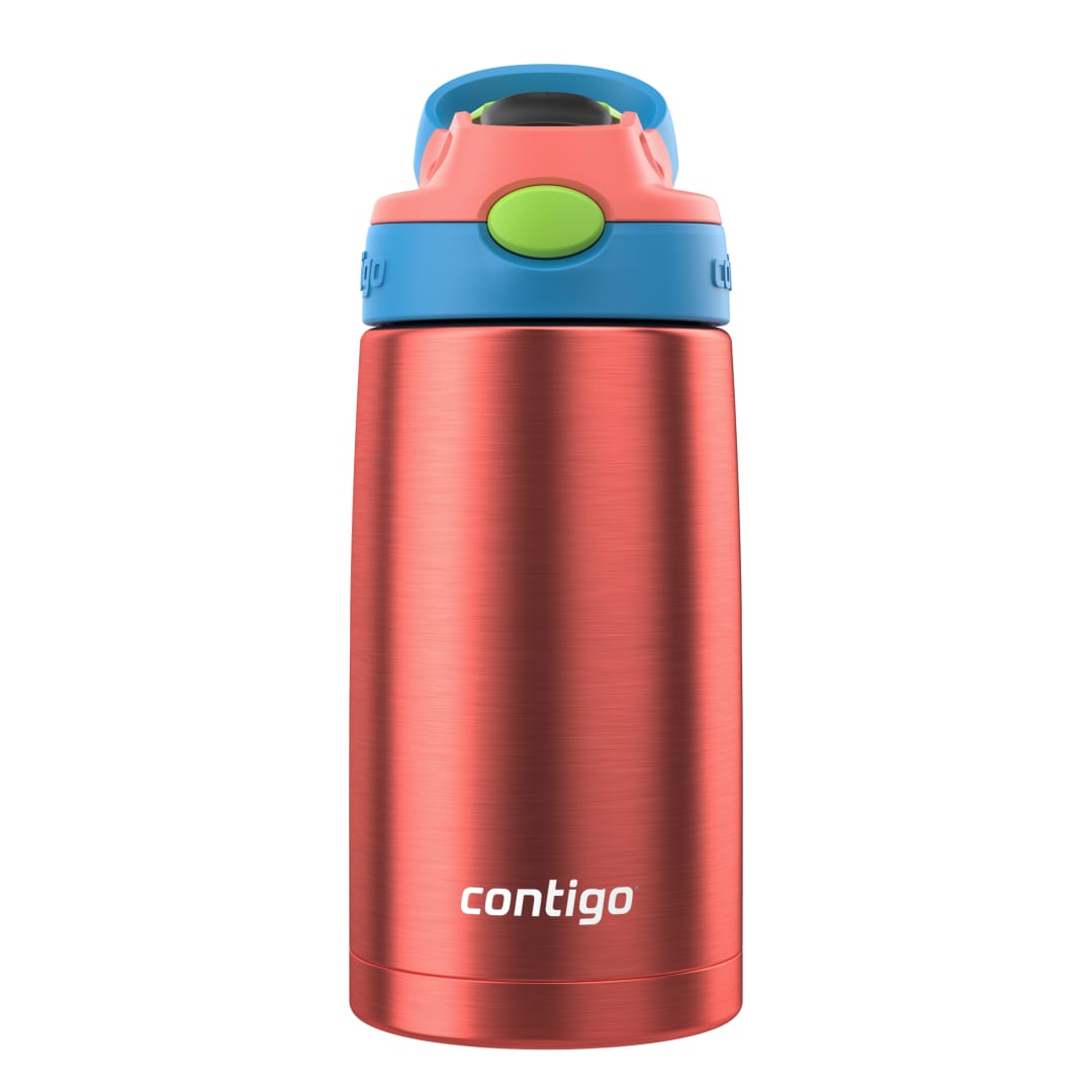 Contigo® Botella de Agua para Niños, con Pajita AUTOSPOUT®, 13 oz, de Acero Inoxidable, a Prueba de Derrames, Amapola