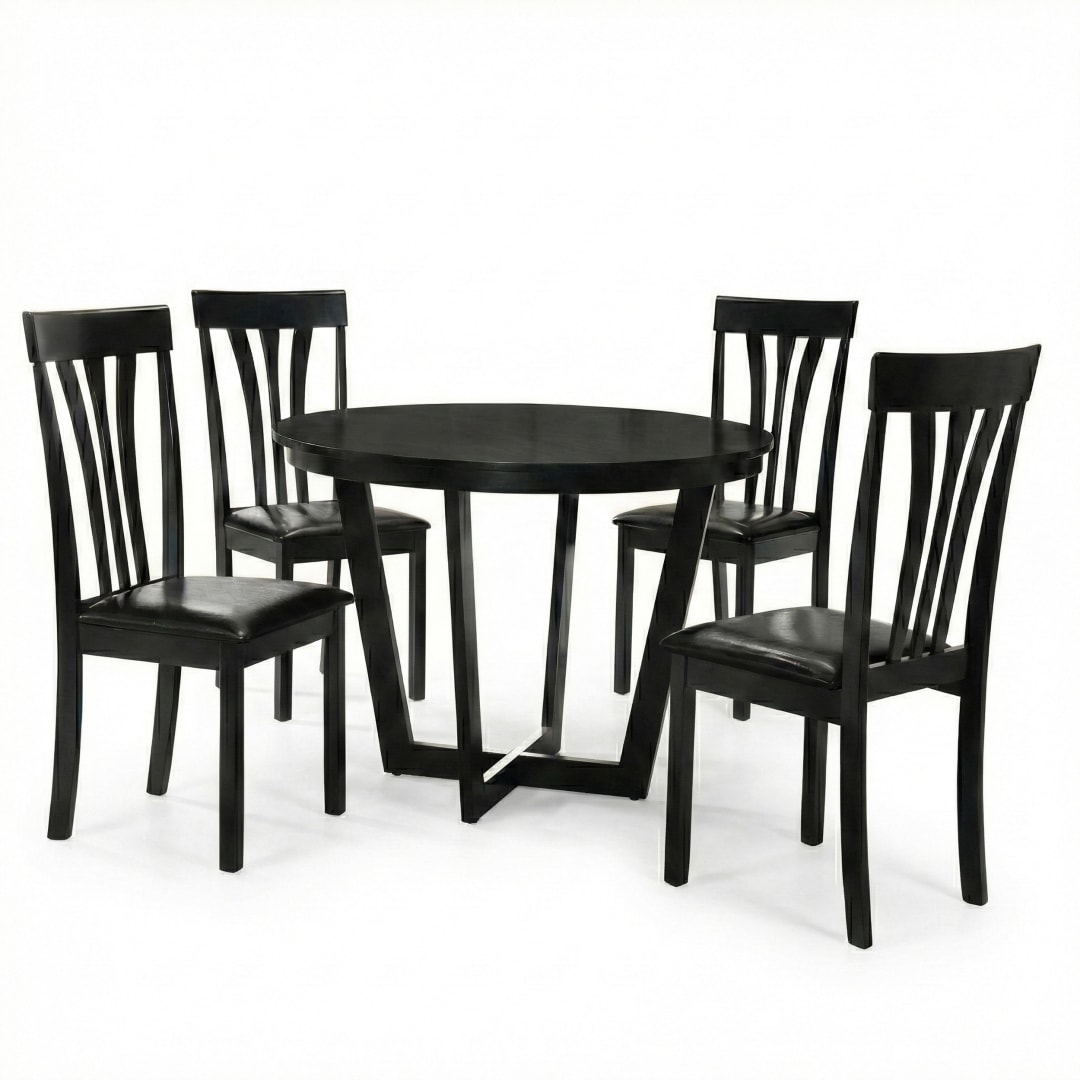 Modern 5-Piece 41.3 Inch Round Dining Set, Black Finish with Black PU Leather Upholstered Chairs, Solid Rubberwood
