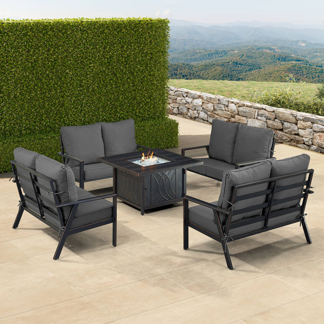 Black Aluminum Patio Fire Table Set with Four Deep Seating Loveseats with Cushions