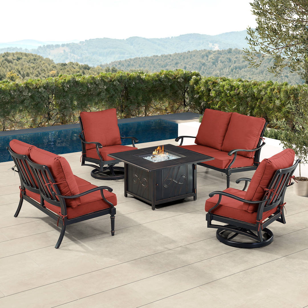 Black Aluminum Patio Fire Table Set with Two Deep Seating Loveseat with Cushions and Two Club Chairs