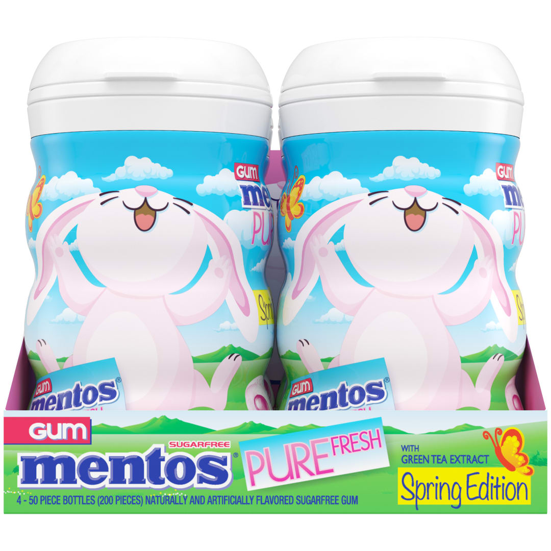 Mentos Gum Pure Fresh Sugar Free Chewing Gum Bubble Fresh 50 pc Easter Bunny Curvy Bottles - 4 Pack