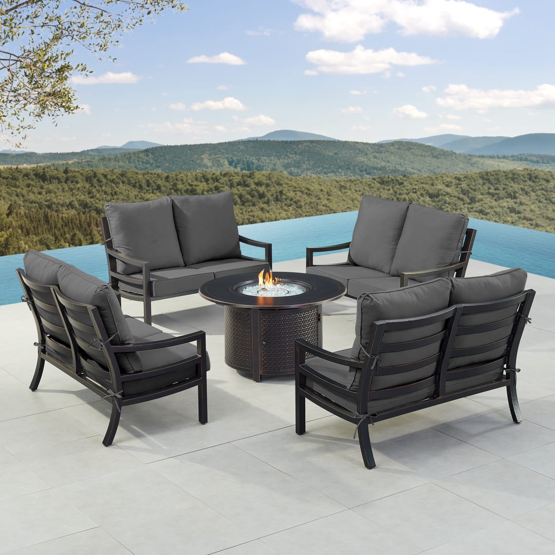 Black Aluminum Patio Fire Table Set with Four Deep Seating Loveseat with Cushions