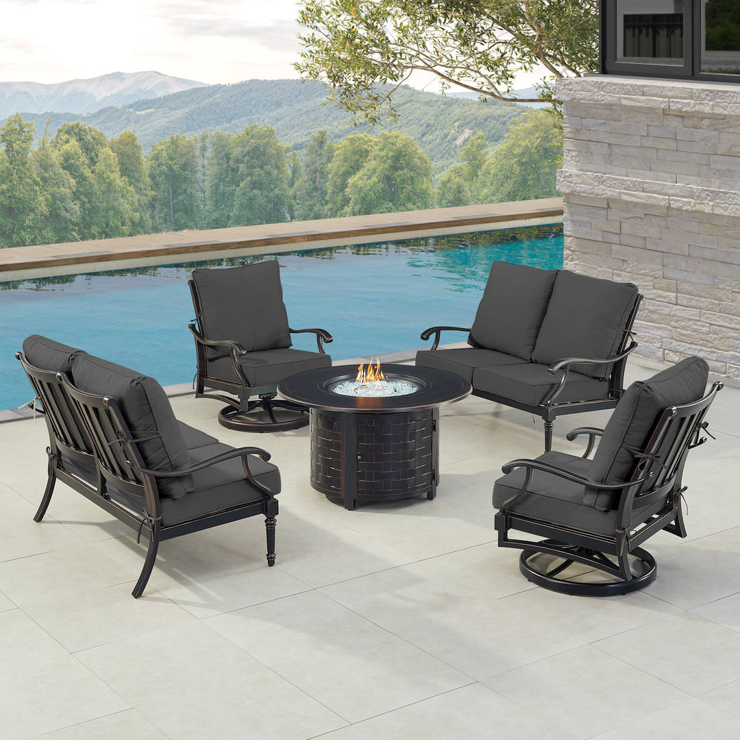 Black Aluminum Patio Fire Table Set with Two Deep Seating Loveseat with Cushions and Two Club Chairs