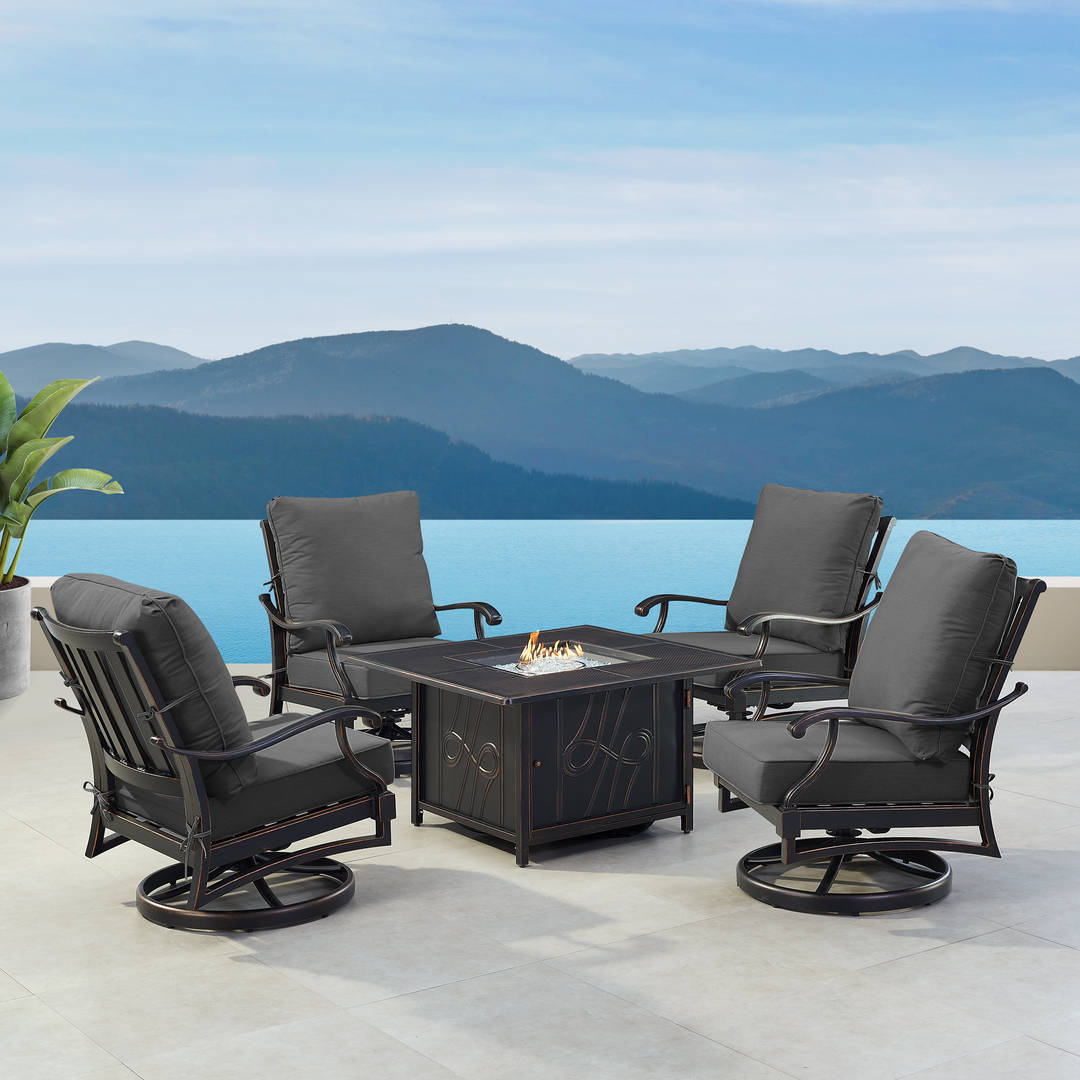 Black Aluminum Patio Fire Table Set with Four Club Chairs