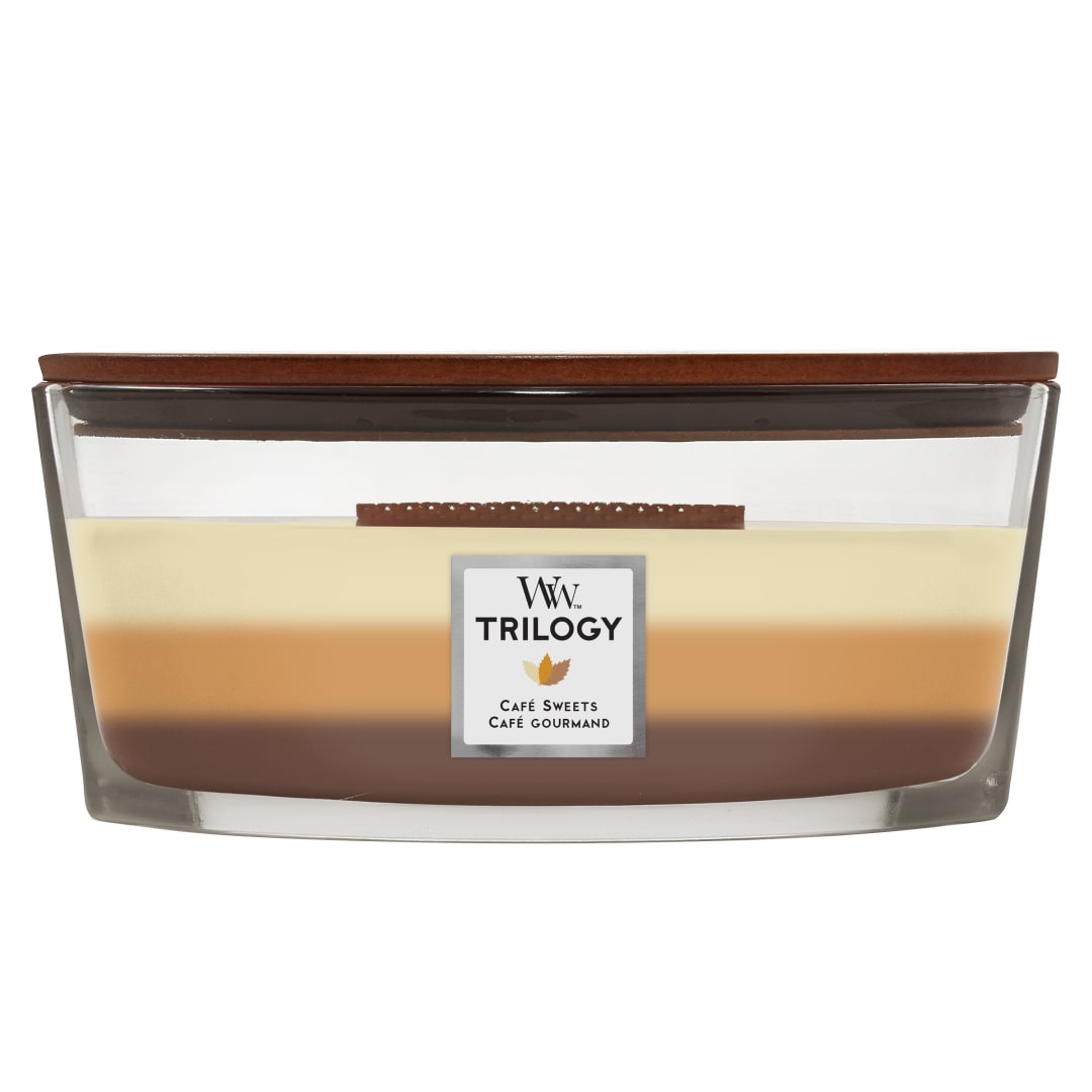 WoodWick Ellipse Trilogy Vela perfumada mecha crepitante | Dulces para el café | Hasta 50 horas de duración