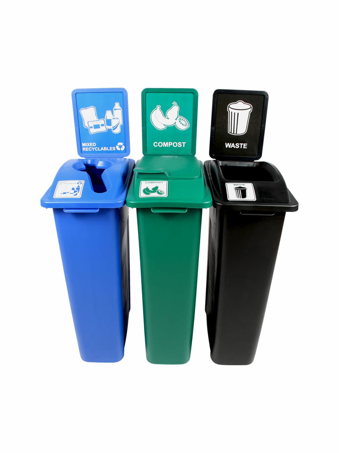  WASTE WATCHER - Triple - Kit - Mixed Recyclables-Compost-Waste - Mixed-Solid Lift-Full - Blue-Green-Black