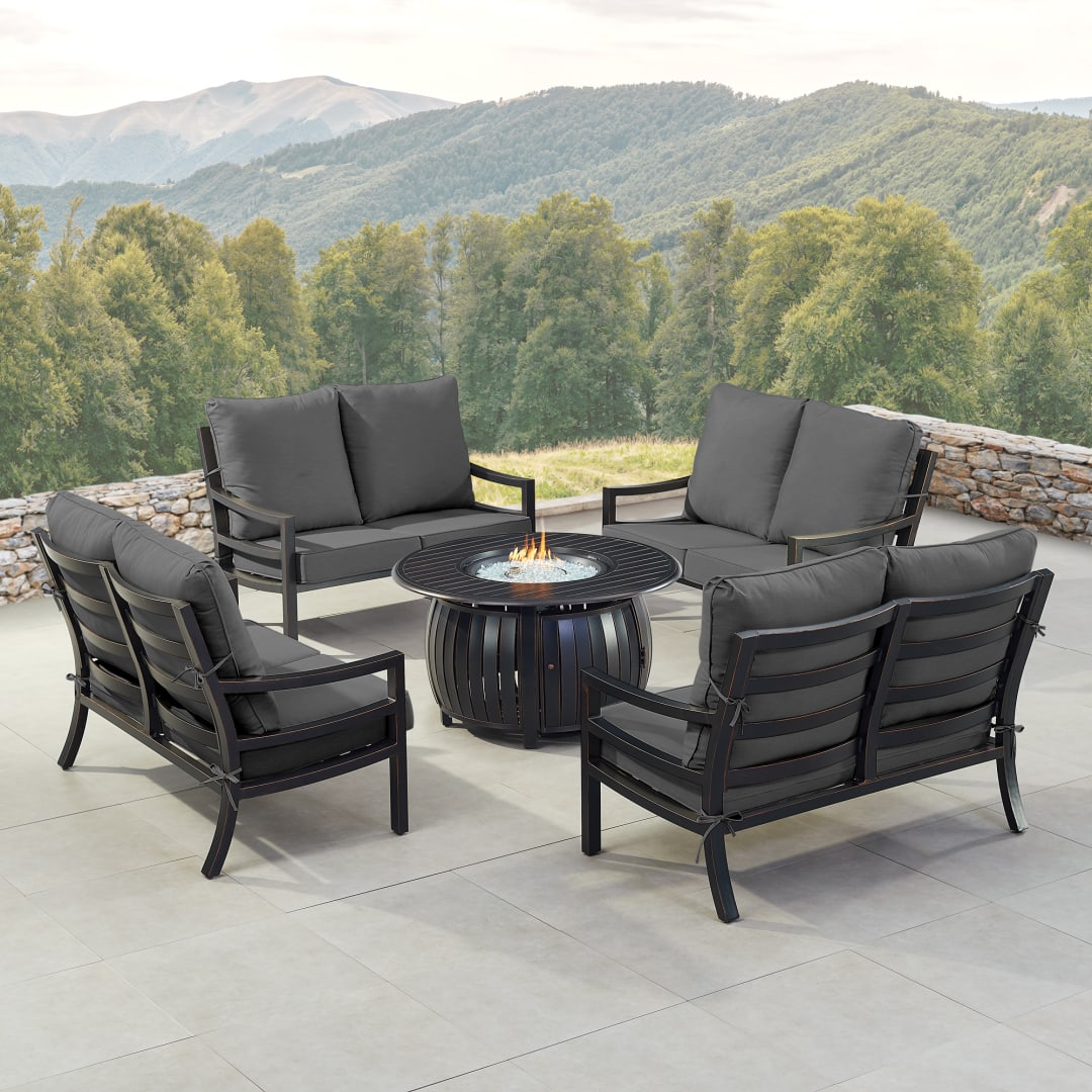Black Aluminum Patio Fire Table Set with Four Deep Seating Loveseat with Cushions
