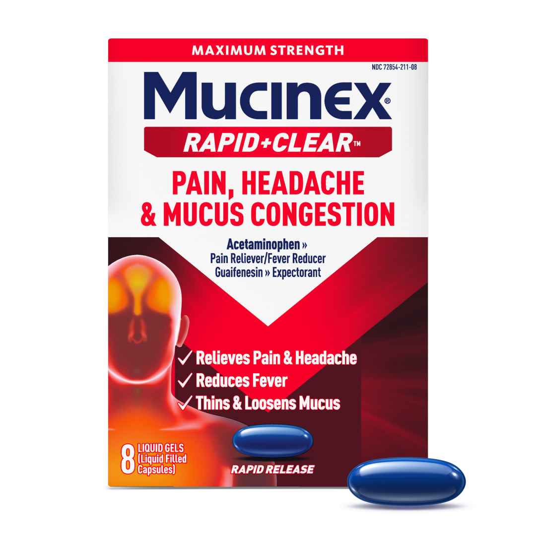 MUCINEX® Rapid Clear® Pain, Headache & Mucus Congestion Liquid Gels 24/8 ct.