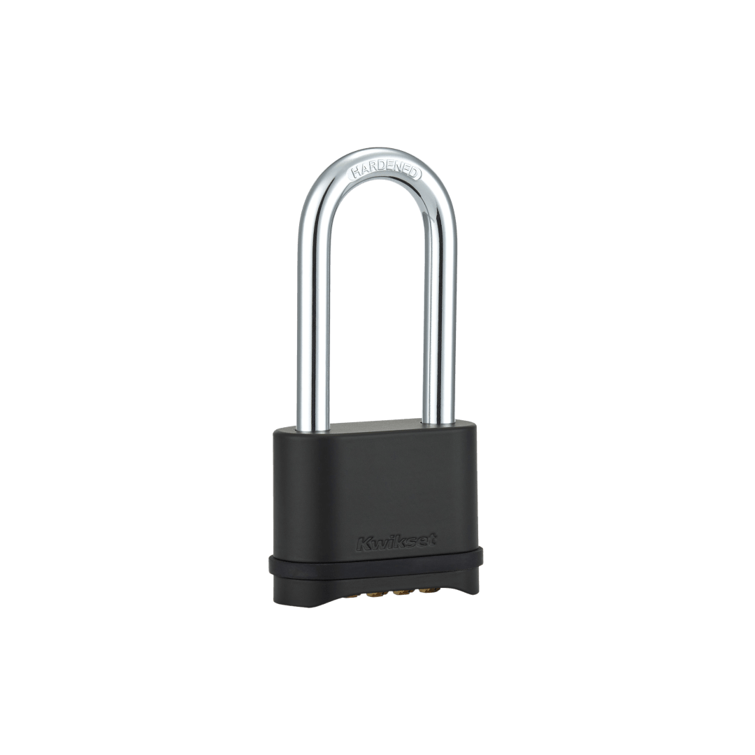 Kwikset Zinc Resettable 4-Digit Combination Padlock for Outdoor Gate and Storage Lock with 2 in Body and 2-1/4 in Hardened Steel Shackle for Gym Locker, Black 1 Pack