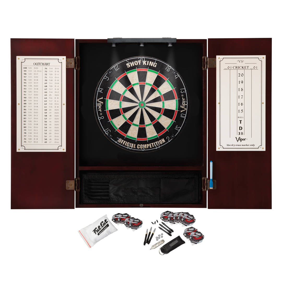 Viper Metropolitan Mahogany Steel Tip Dartboard Cabinet, Viper Shot King Bristle Dartboard, Viper Shadow Buster Dartboard Lights, and Fat Cat Steel Tip Accessory Value Pack
