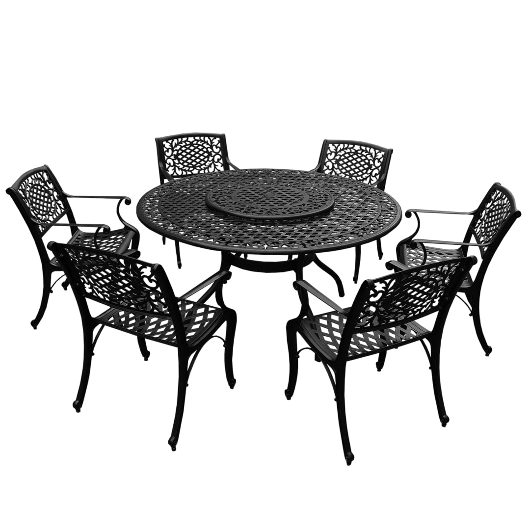 Modern Ornate Outdoor Mesh Aluminum 59-in Large Black Round Patio Dining Set with Lazy Susan and Six Chairs