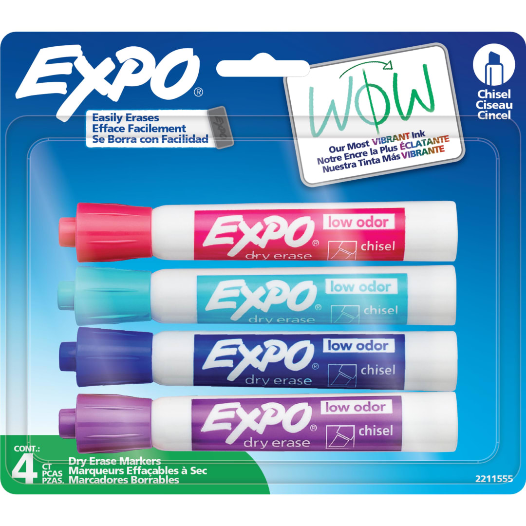 EXPO Dry Erase Markers, Low Odor Ink, Assorted Colors, Chisel Tip, 4 Count