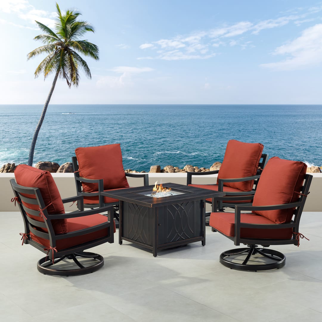 Black Aluminum Patio Fire Table Set with Four Club Chairs