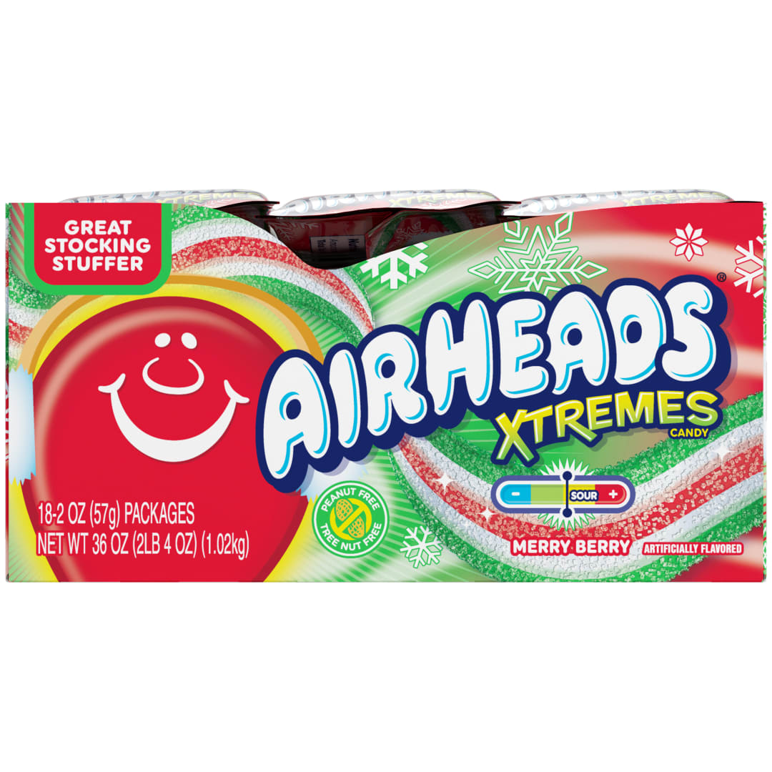 Airheads Xtremes Belts Merry Berry 2 oz Holiday Theme Trays - 18 Pack