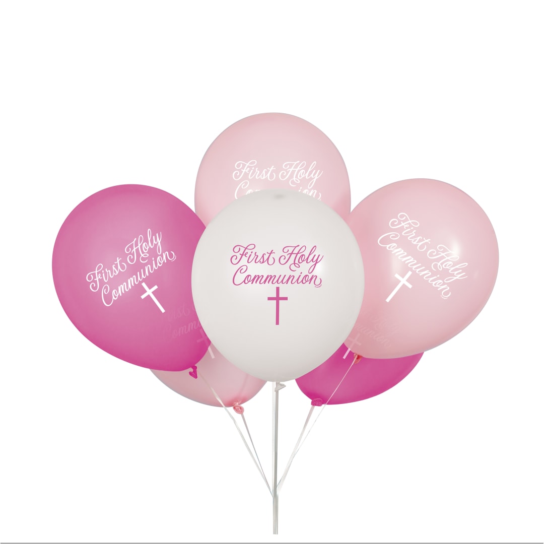 Fancy Pink Cross First Holy Communion 12" Latex Balloons, 8ct
