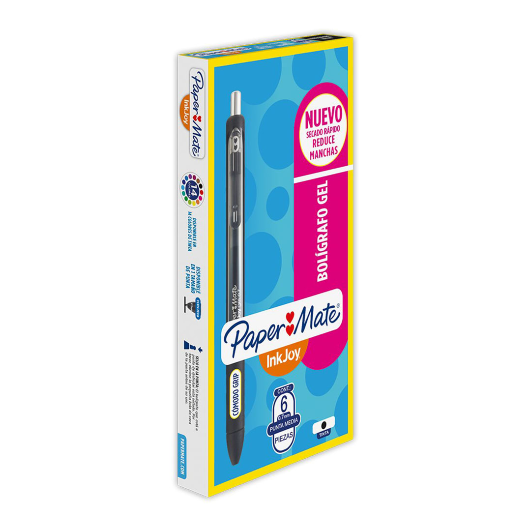 Paper Mate® InkJoy Gel, Bolígrafos Retráctiles, Punta Media (0.7mm), Color Negro, Paquete de 6 unidades, 1997183