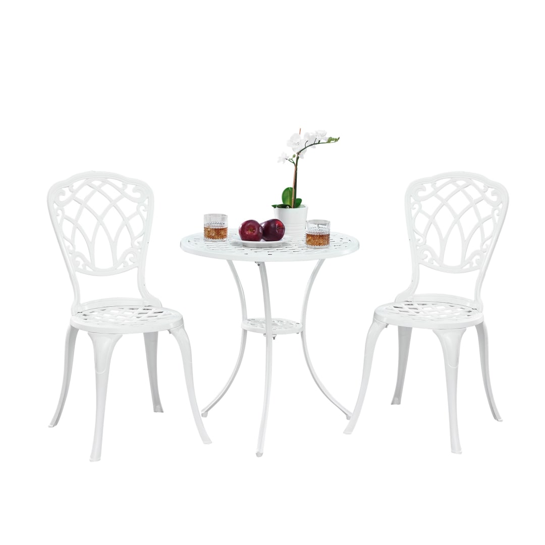 Ornate Traditional Outdoor Patio Garden Aluminum 3 Piece White Bistro Set