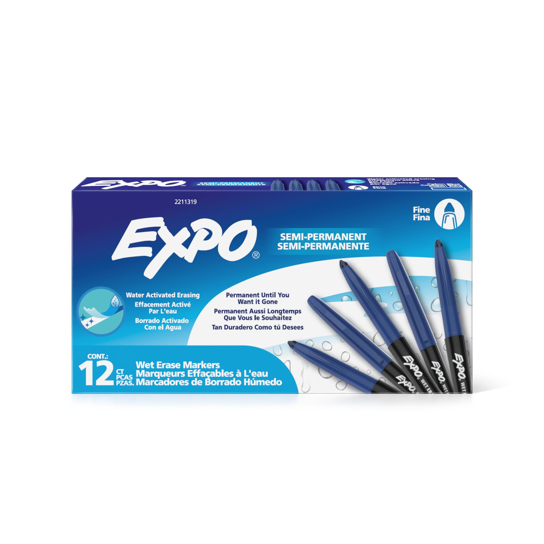 EXPO®Wet Erase Markers, Semi-Permanent Markers, Blue, Fine Tip, 12 Count