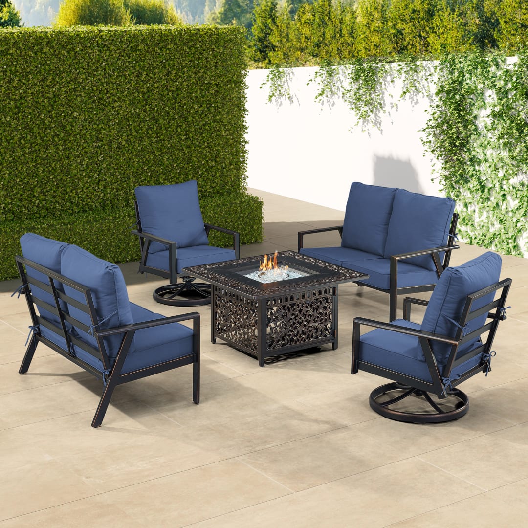 Black Aluminum Patio Fire Table Set with Two Deep Seating Loveseat with Cushions and Two Club Chairs