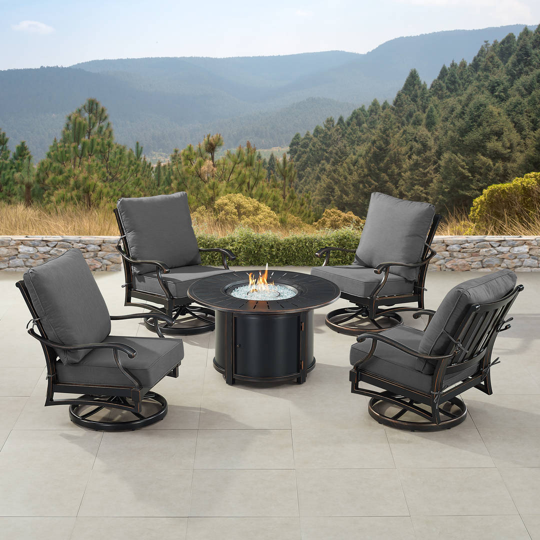 Black Aluminum Patio Fire Table Set with Four Club Chairs