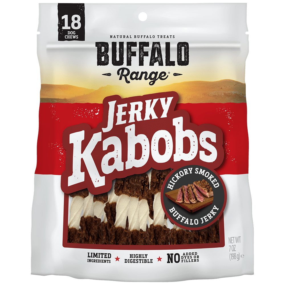 Buffalo Range Rawhide Dog Treats | Healthy, Grass-Fed Buffalo Jerky Raw Hide Chews | Hickory Smoked Flavor | Jerky Kabob, 18 Count