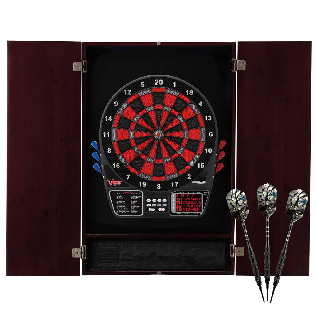 Viper Metropolitan Electronic Soft Tip Dartboard and Cabinet Bundle: Deluxe Set (797 Dartboard and Darts), Mahogany Finish