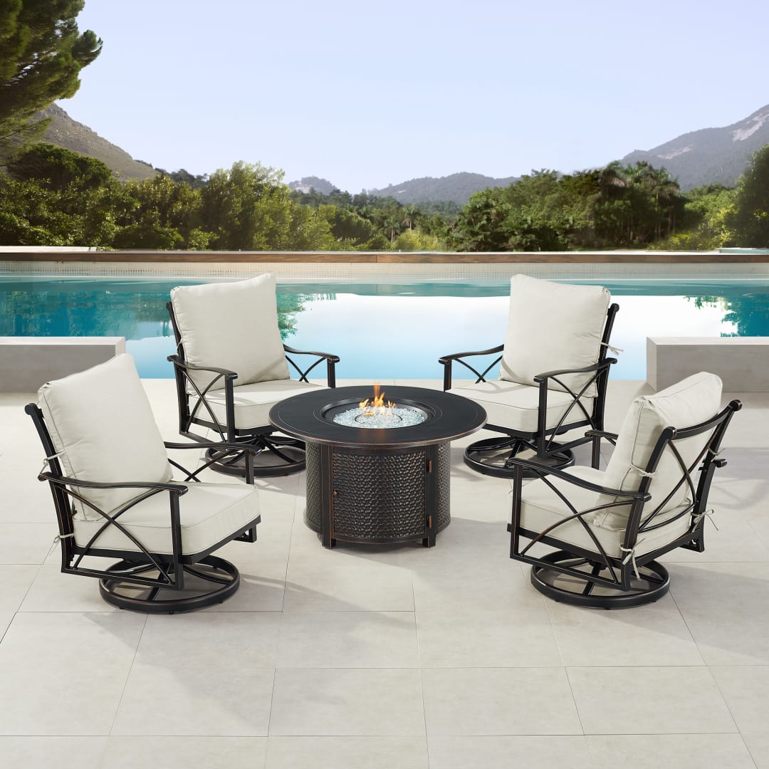 Black Aluminum Patio Fire Table Set with Four Club Chairs