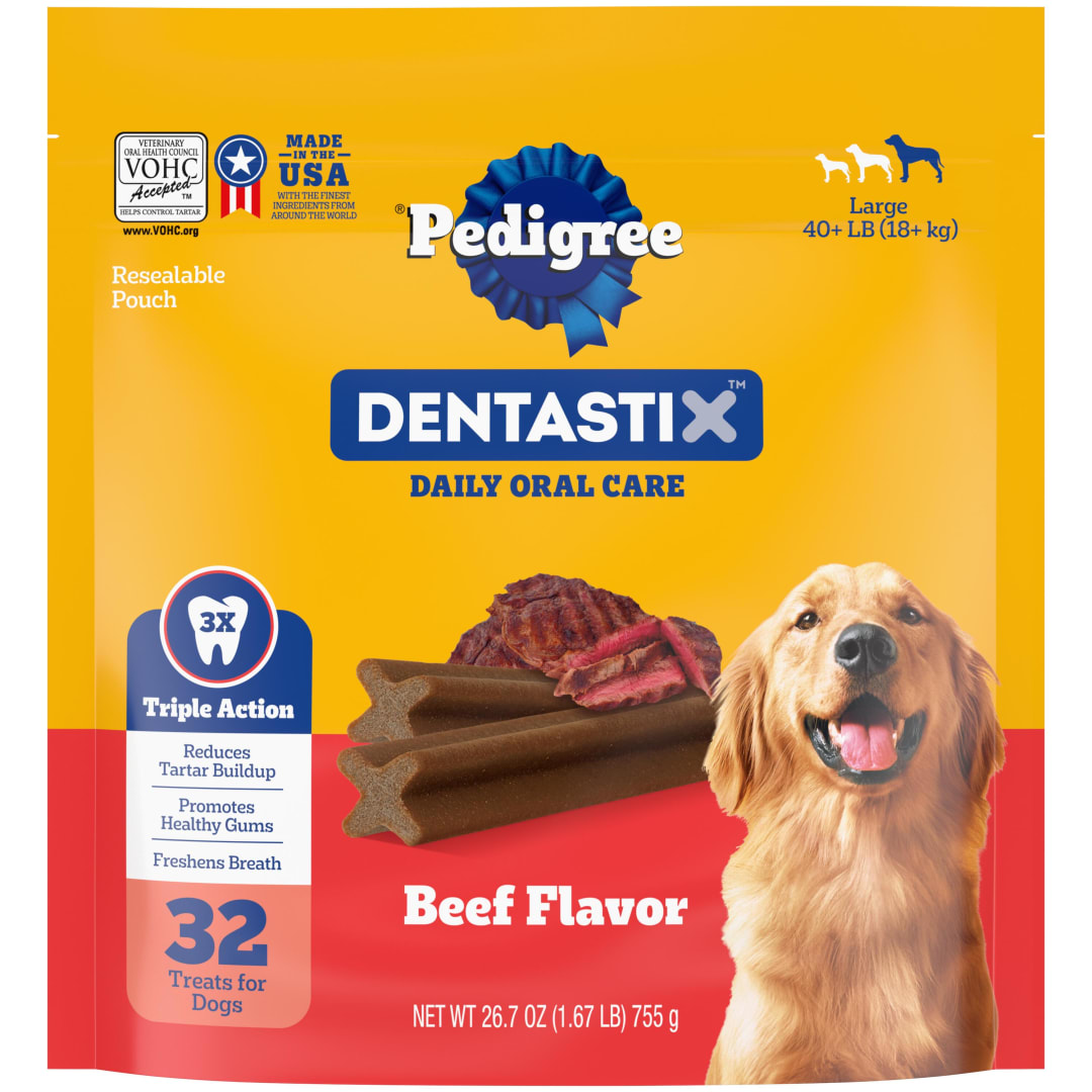 PEDIGREE DENTASTIX Large Dog Dental Treats Beef Flavor Dental Bones, 1.67 lb. Pack (32 Treats)