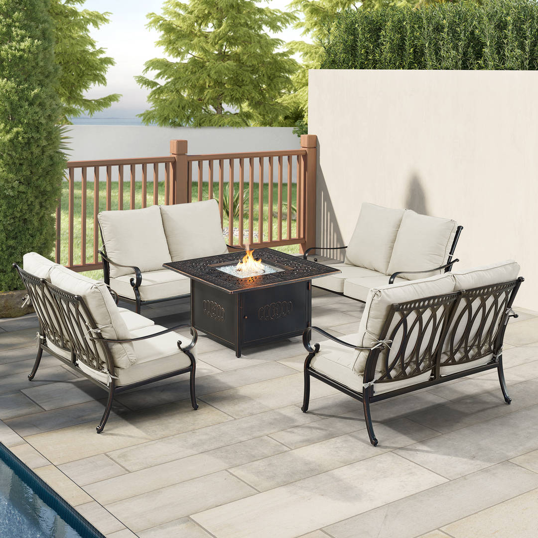 Black Aluminum Patio Fire Table Set with Four Deep Seating Loveseat with Cushions